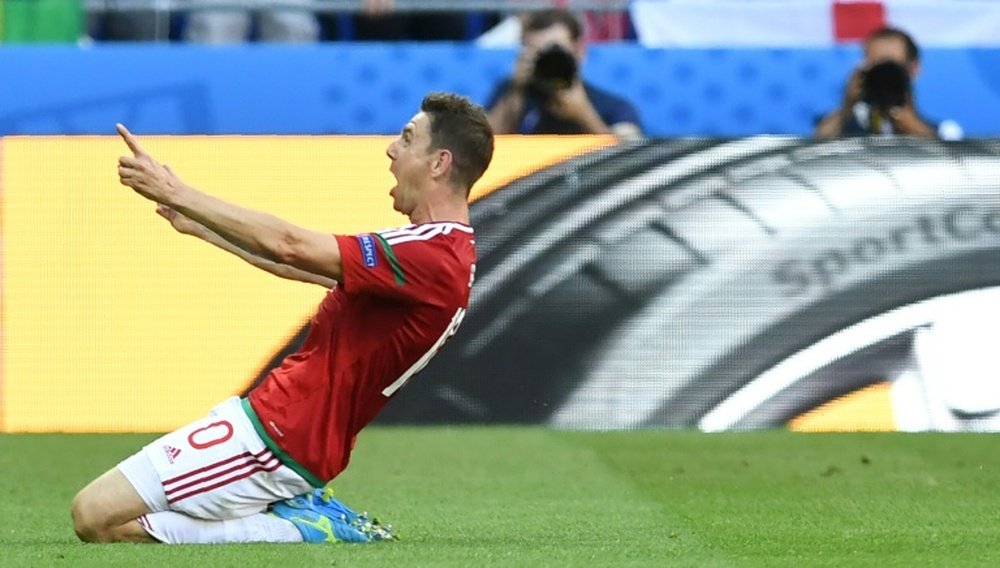 Hungarys midfielder Zoltan Gera celebrates after scoring a goal during the Euro 2016 match between Hungary and Portugal on June 22, 2016
