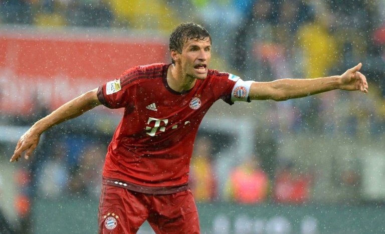 Bayern Munichs Thomas Mueller reacts in Dresden during a friendly match with Dynamo Dresden on August 17, 2015