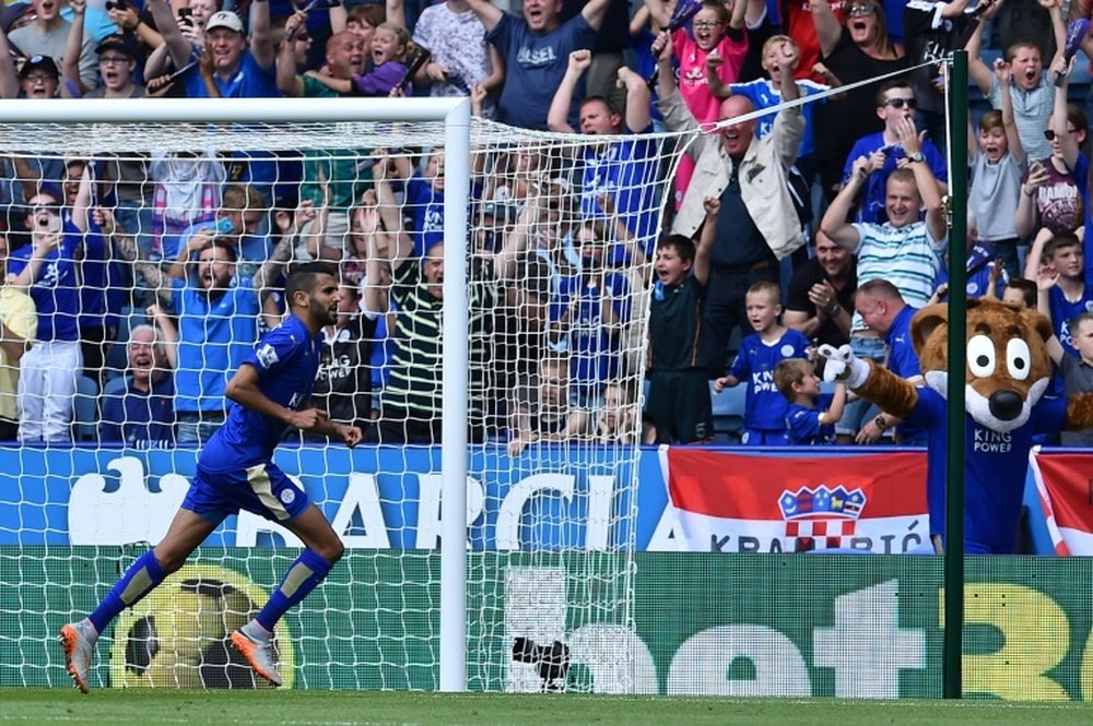 Leicester Citys Algerian midfielder Riyad Mahrez celebrates after scoring at King Power Stadium in Leicester, central England on August 8, 2015