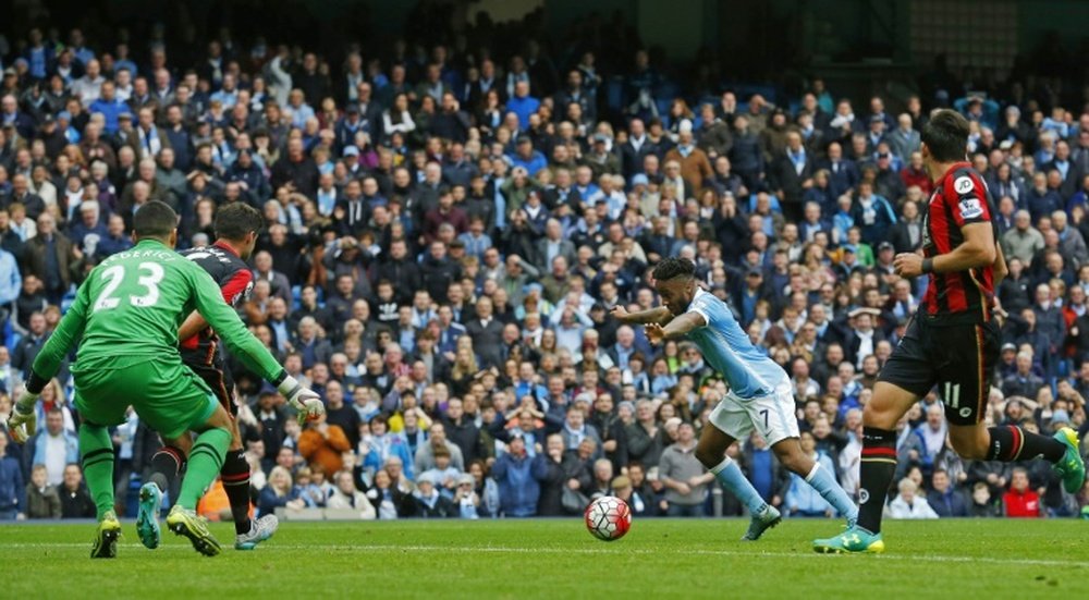 Manchester Citys English midfielder Raheem Sterling (2nd R) prepares to shoot and score his third goal of the English Premier League football match between Manchester City and Bournemouth in Manchester, England, on October 17, 2015