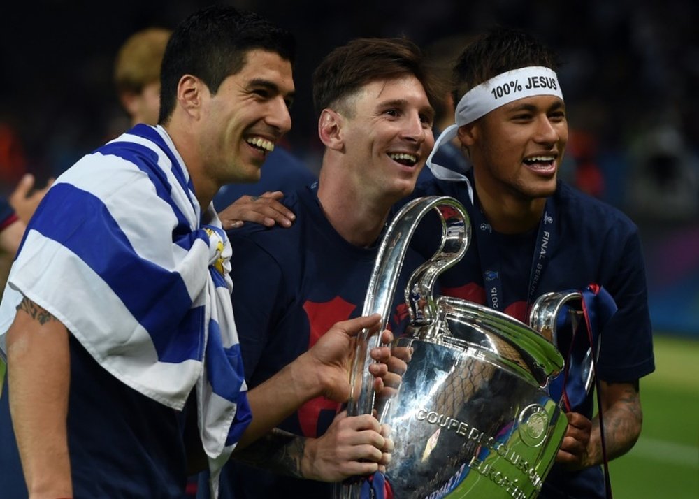 Barcelona forwards (from left to right) Luis Suarez, Lionel Messi and Neymar
