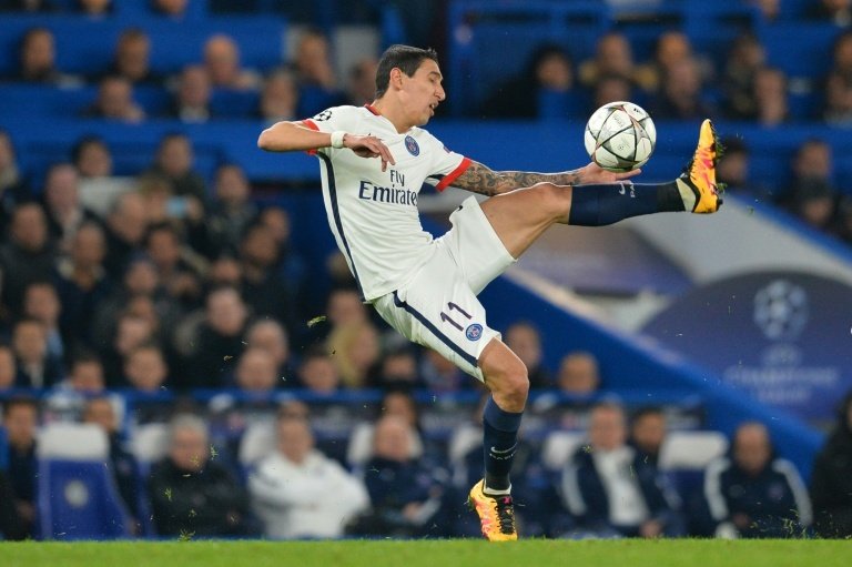 Paris Saint-Germains Angel Di Maria tries to block the ball during the match against Chelsea at Stamford Bridge in London on March 9, 2016