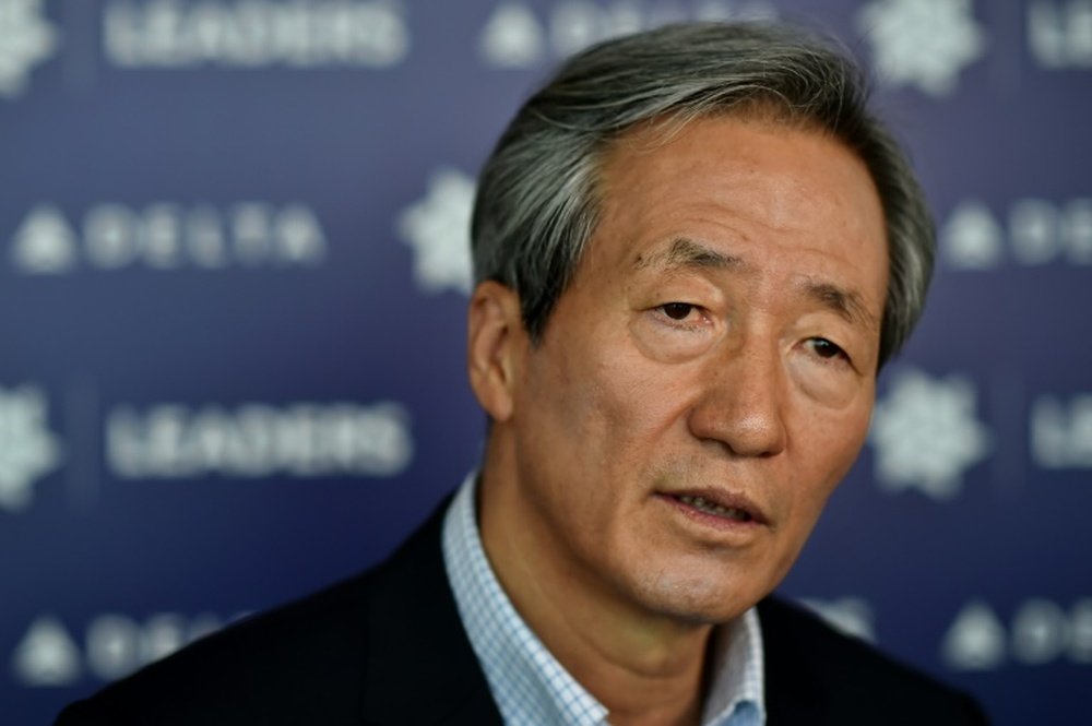 South Korean FIFA presidential candidate Chung Mong-Joon pictured during a TV interview at the Leaders Sport Business Summit at Stamford Bridge in west London on October 7, 2015