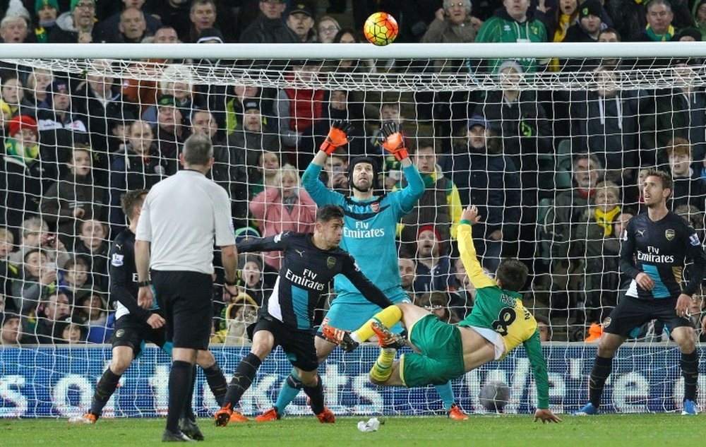 Norwich Citys English midfielder Jonathan Howson (2nd R) shoots over the bar during the English Premier League football match between Norwich City and Arsenal at Carrow Road in Norwich, eastern England on November 29, 2015