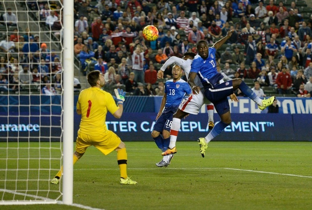 Jozy Altidore of the United States scores from a header against Canada during their international friendly in Carson, California