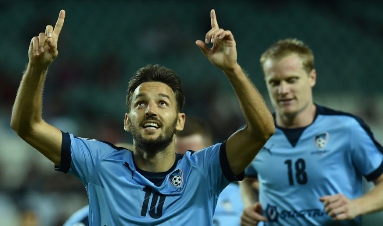 Milos Ninkovic of Sydney FC celebrates his goal against South Koreas Pohang Steelers in their Asian Champions League clash in Sydney on April 5, 2016