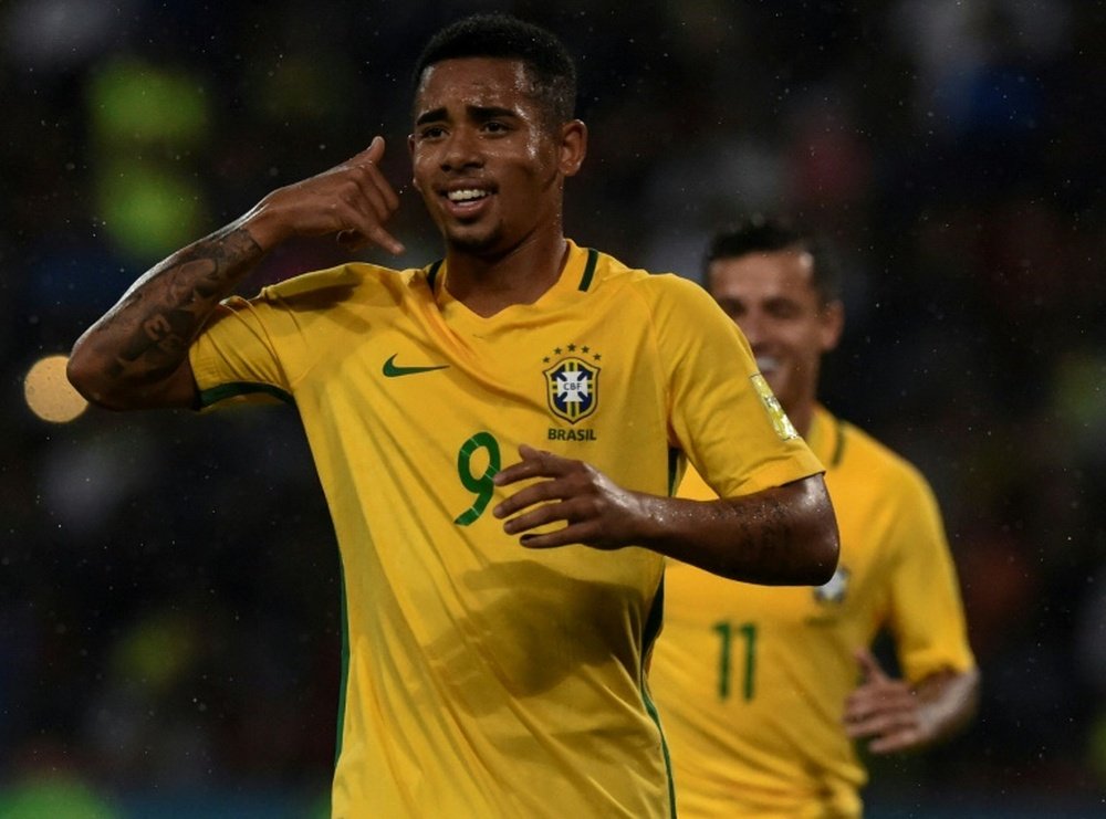 Gabriel Jesus celebrates scoring for Brazil. AFP