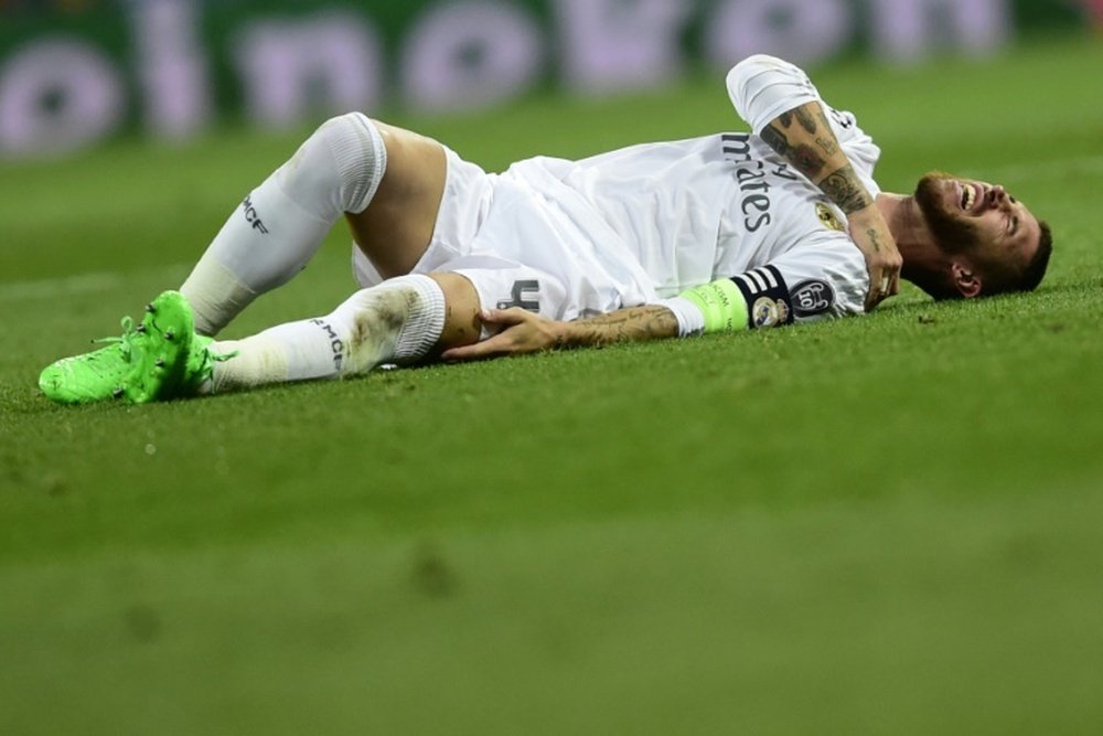 Sergio Ramos complains on the ground during a Champions League match on September 15, 2015