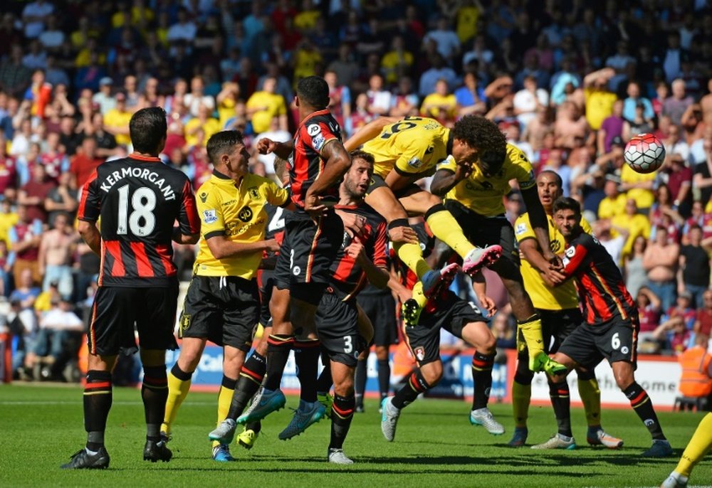 Aston Villas striker Rudy Gestede (4th R) scores against Bournemouth at the Vitality Stadium in Bournemouth, southern England on August 8, 2015
