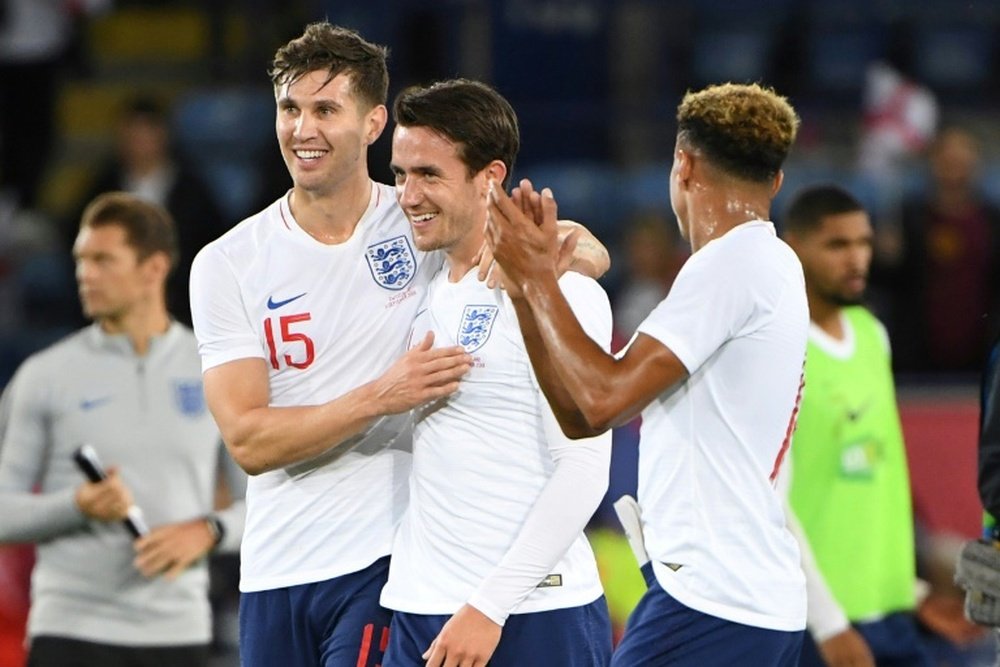 England's Ben Chilwell (centre) won his first international cap against Switzerland. AFP