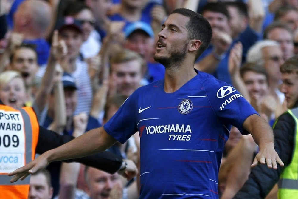 Eden Hazard celebrates a goal for Chelsea. AFP