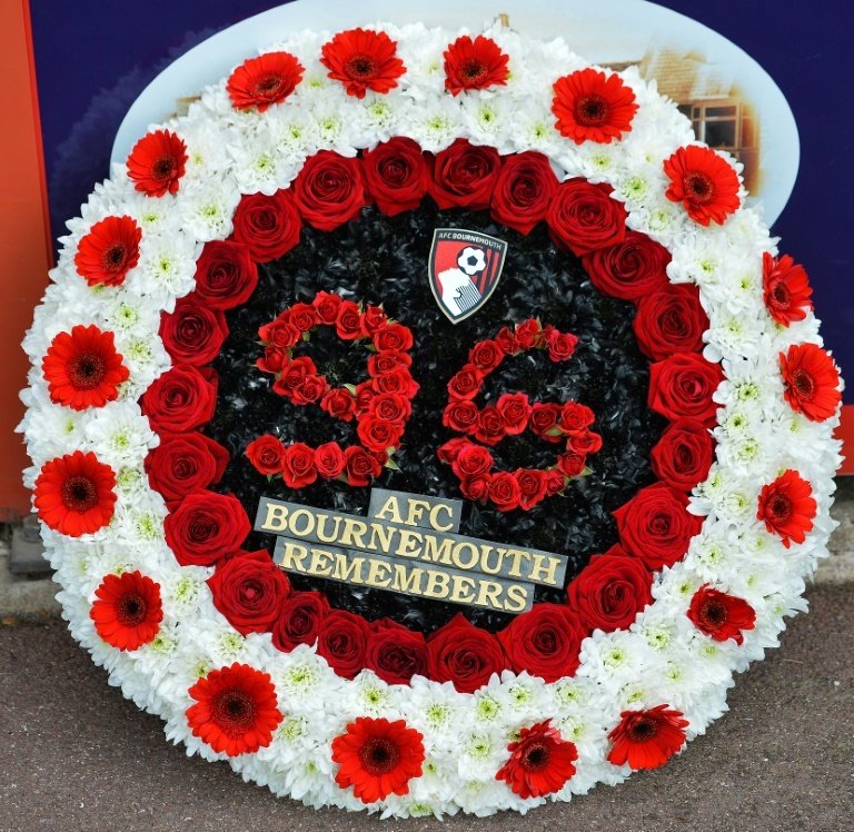 The wreath in honour of the ahead of the English Premier League football match between Bournemouth and Liverpool, is seen at half-time at the Vitality Stadium in Bournemouth, southern England on April 17, 2016