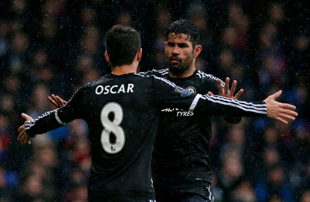 Chelseas midfielder Oscar (L) celebrates with Chelseas striker Diego Costa after scoring the opening goal of the English Premier League football match between Crystal Palace and Chelsea at Selhurst Park in south London on January 3, 2016