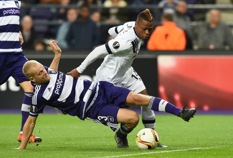 Clinton Njie (right) in action for Tottenham Hotspur durinig their Europa League match against Anderlecht in October 2015