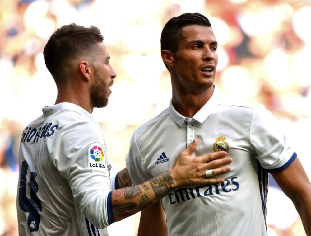 Sergio Ramos (left) and Cristiano Ronaldo in action for Real Madrid during a 2016 Spanish league match against Osasuna