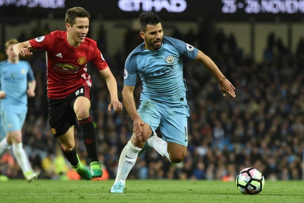 Aguero could start up front against United. AFP