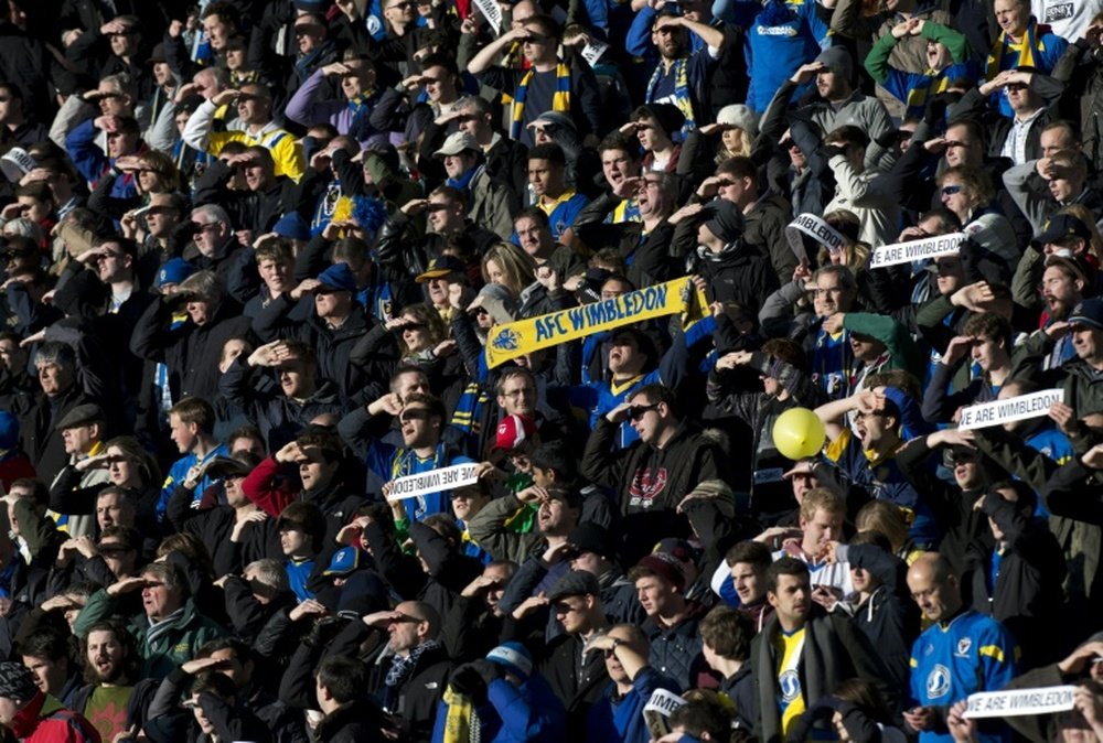 AFC Wimbledon fans cheer for their team at Stadium MK in Milton Keynes, central England, on December 2, 2012