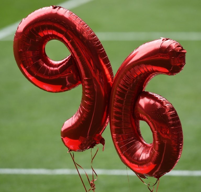Balloons in shape of '96' pictures at memorial service at Anfield, Liverpool