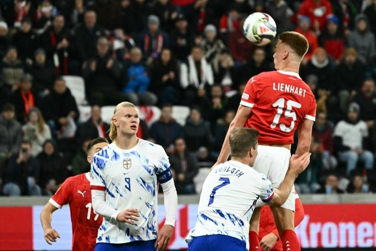 Philipp Lienhart (R) scored Austria's third goal as they beat Norway 5-1. AFP