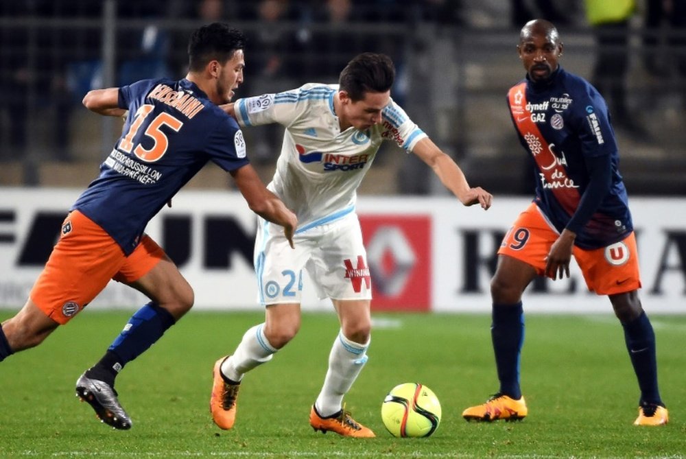 Le milieu de Marseille Florian Thauvin lors du match de Ligue 1 contre Montpellier à La Mosson. AFP