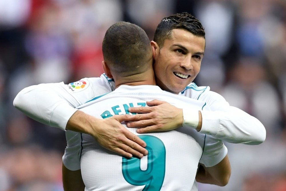La joie des buteurs Karim Benzema et Cristiano Ronaldo. AFP