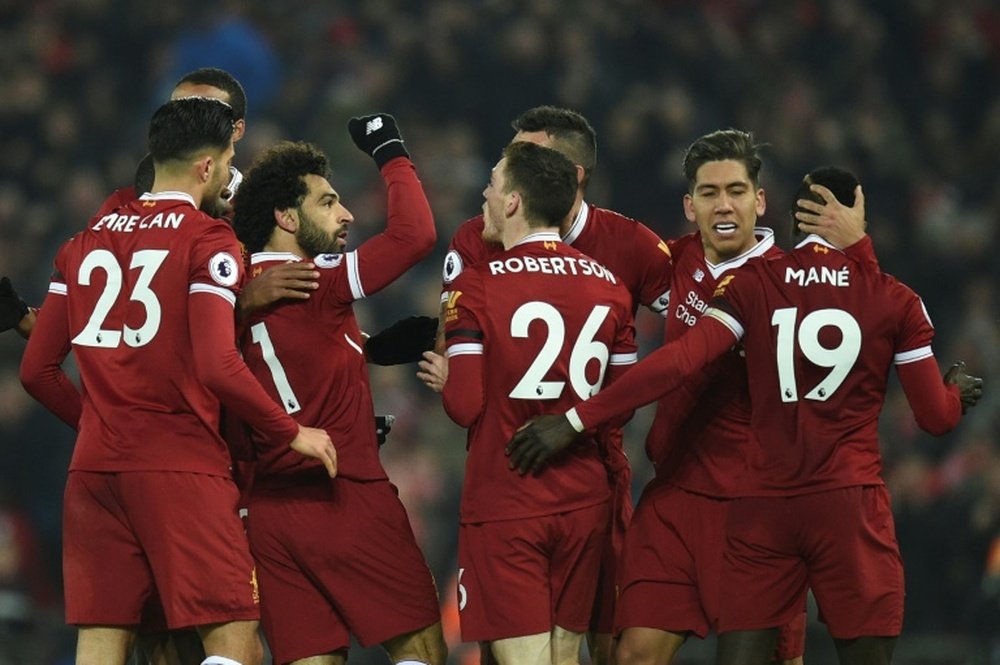 Mohamed Salah fête avec ses coéquipiers son but contre Manchester City. AFP