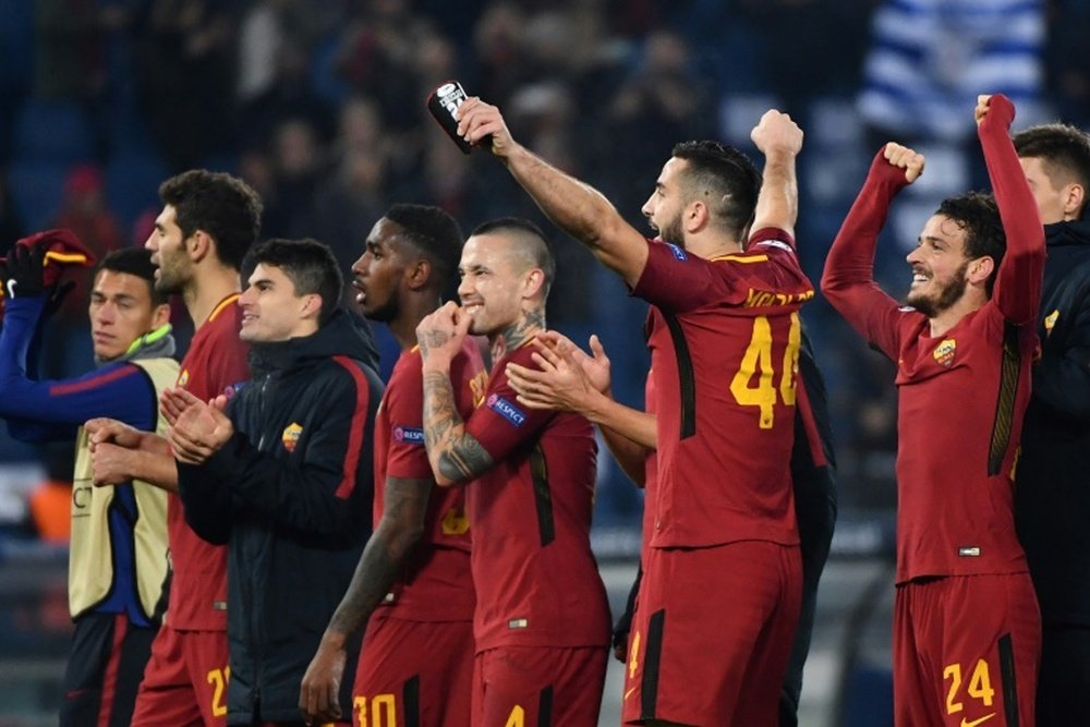 Les joueurs de lAS Roma savourent leur qualification à l'issue de la victoire. AFP