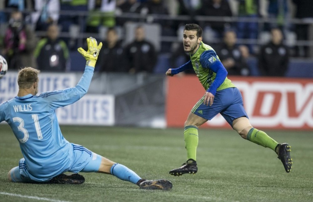 Victor Rodriguez ouvre le score pour Seattle face à Houston, en demi-finale retour de la MLS. AFP