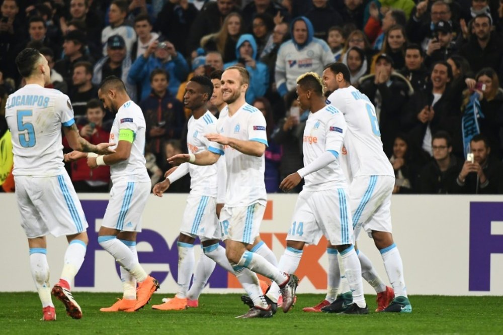 La joie des Marseillais, vainqueurs du Sporting Braga, avec notamment un but de Germain. AFP