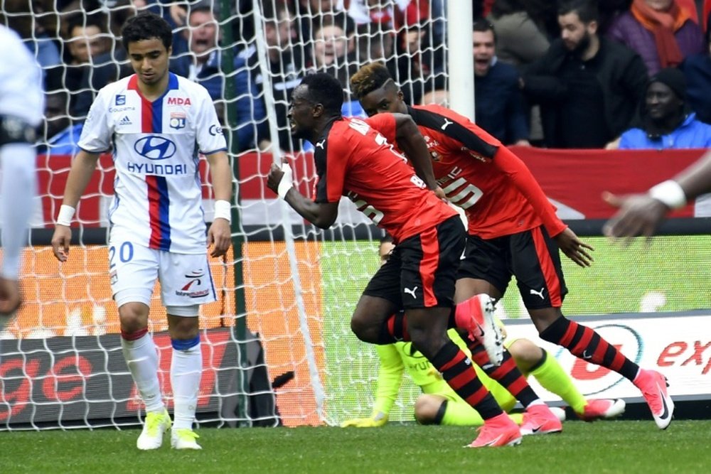 Firmin Mubele inscrit le but égalisateur pour Rennes face à Lyon. AFP
