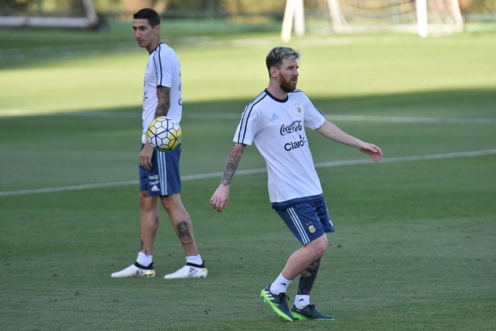 Lionel Messi et Angel di Maria à l'entraînement de l'Argentine à Vespasiano. AFP