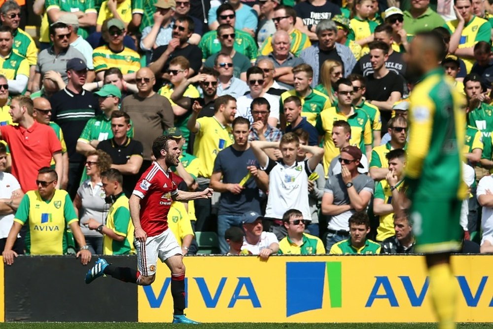 Le milieu de Manchetser United Juan Mata buteur à Norwich en Premier League, le 7 mai 2016