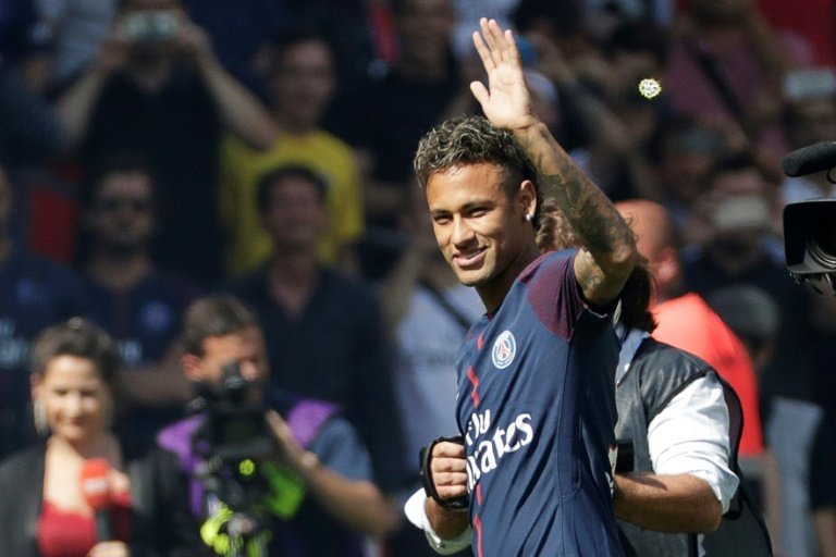 Neymar is presented to the Parc des Princes crowd. AFP
