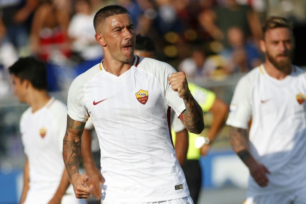 Kolarov celebrates scoring the winner on Roma debut. AFP