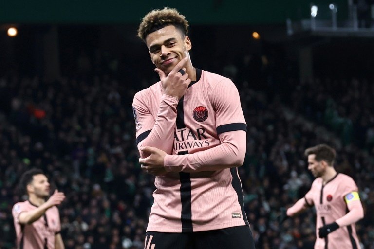 Désiré Doué célèbre ici son but samedi contre Saint-Etienne. AFP
