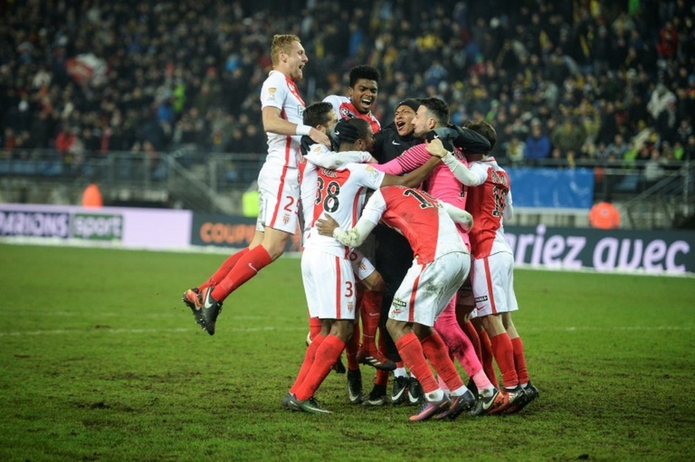 La joie des Monégasques après avoir éliminé Sochaux en quarts de finale de la Coupe de la Ligue, le 10 janvier 2017 au stade Bonal