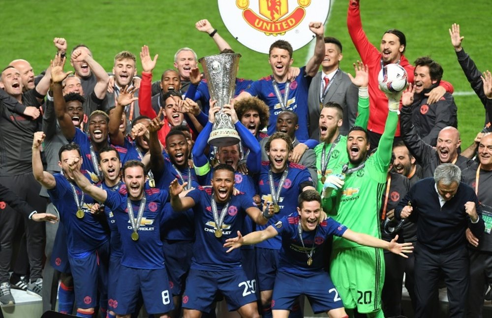 L'équipe de Manchester United victorieuse de l'Europa League aux dépens de l'Ajax Amsterdam. AFP