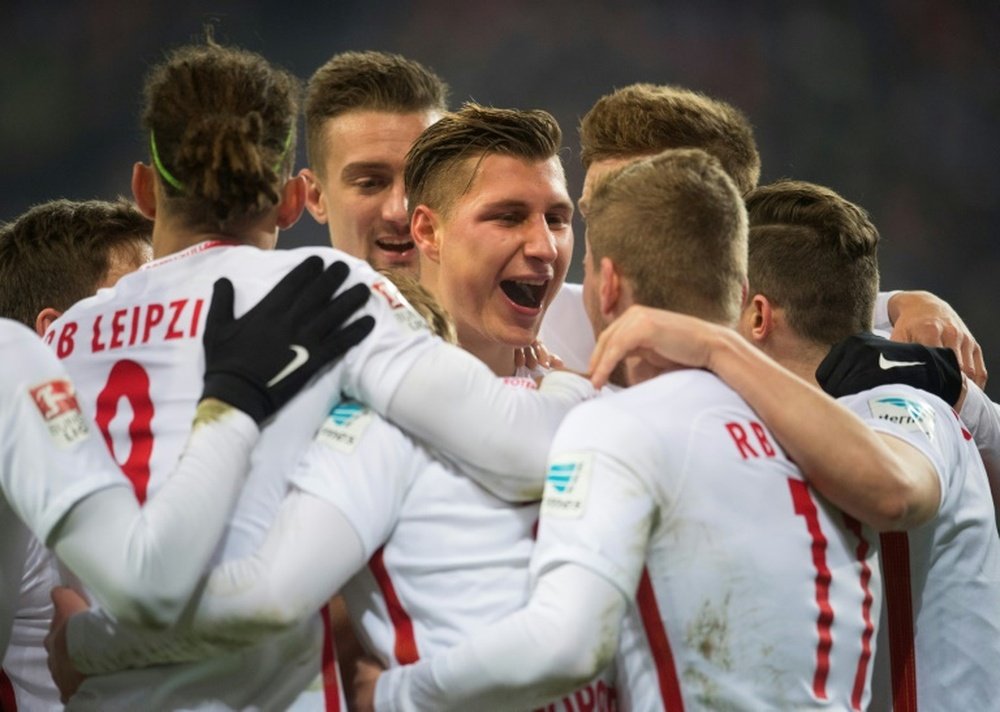 La joie des joueurs de Leipzig après le but de Willi Orban contre le Hertha Berlin. AFP