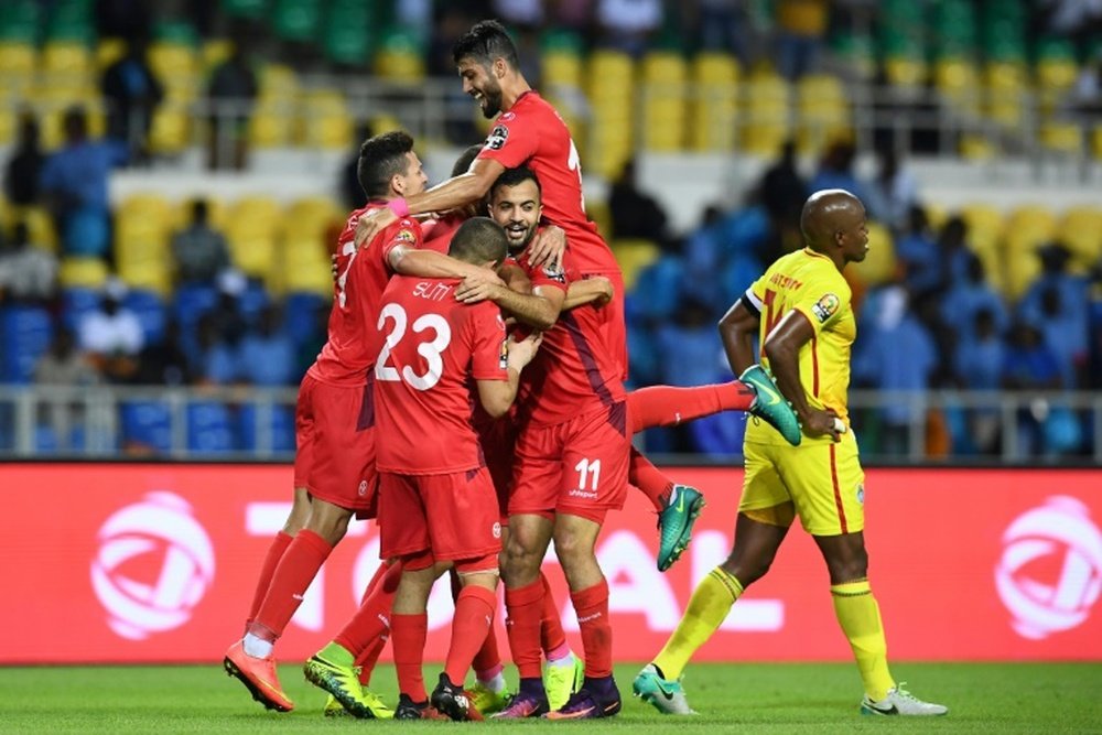 La joie des Tunisiens après un but contre le Zimbabwe lors de la CAN, le 23 janvier 2017. AFP