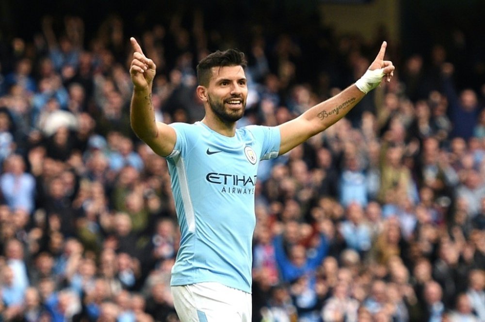 La joie de Sergio Agüero après avoir inscrit le 4e but de Manchester City contre Crystal Palace. AFP