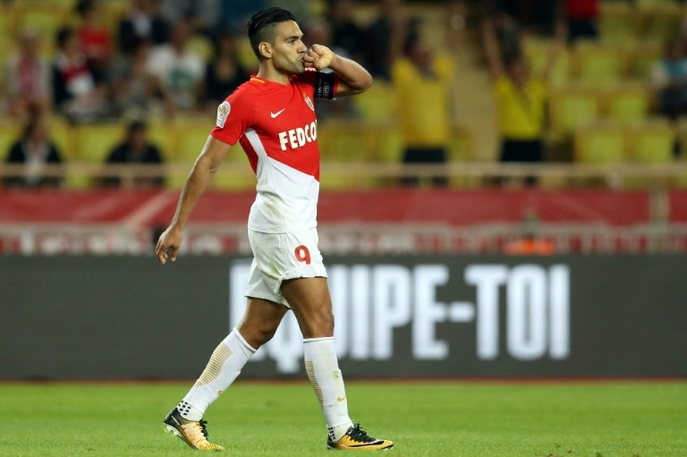 L'attaquant de Monaco Falcao après un but contre Montpellier. AFP