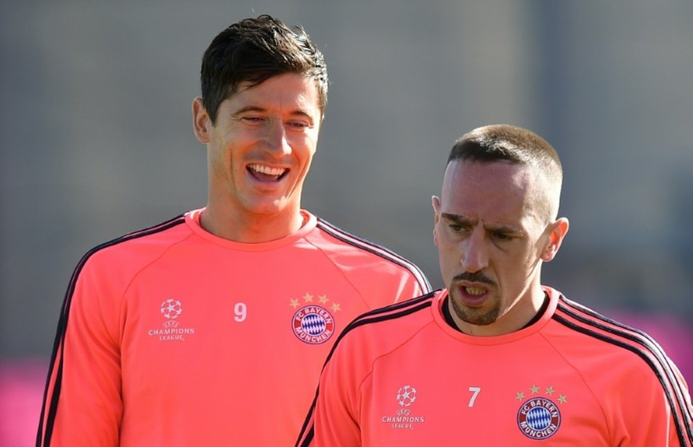 Robert Lewandowski (g) et Franck Ribéry lors d'une séance d'entraînement à Munich. AFP