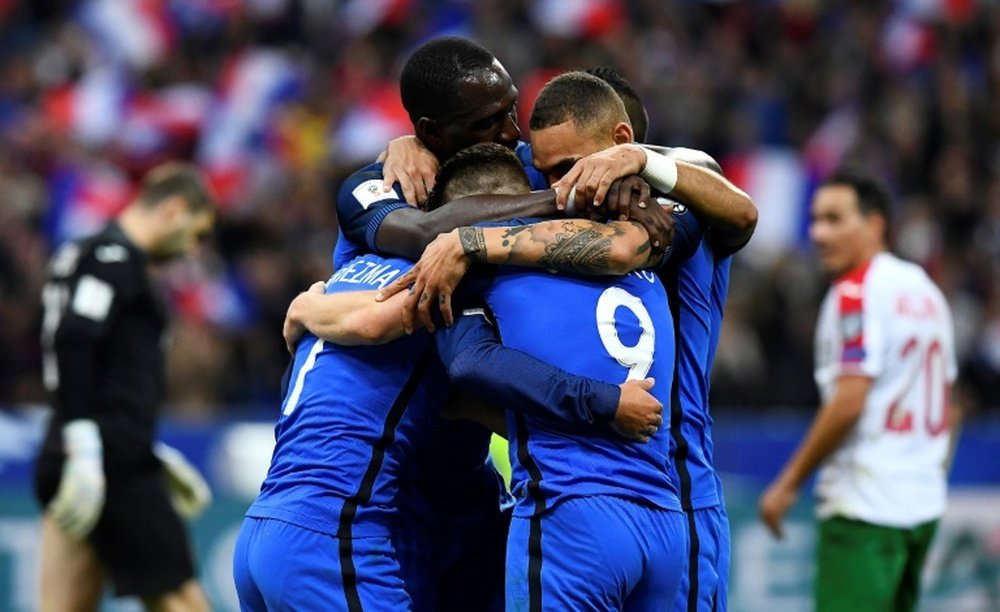 La joie des joueurs de l'équipe de France après le 2e but de Kevin Gameiro. AFP