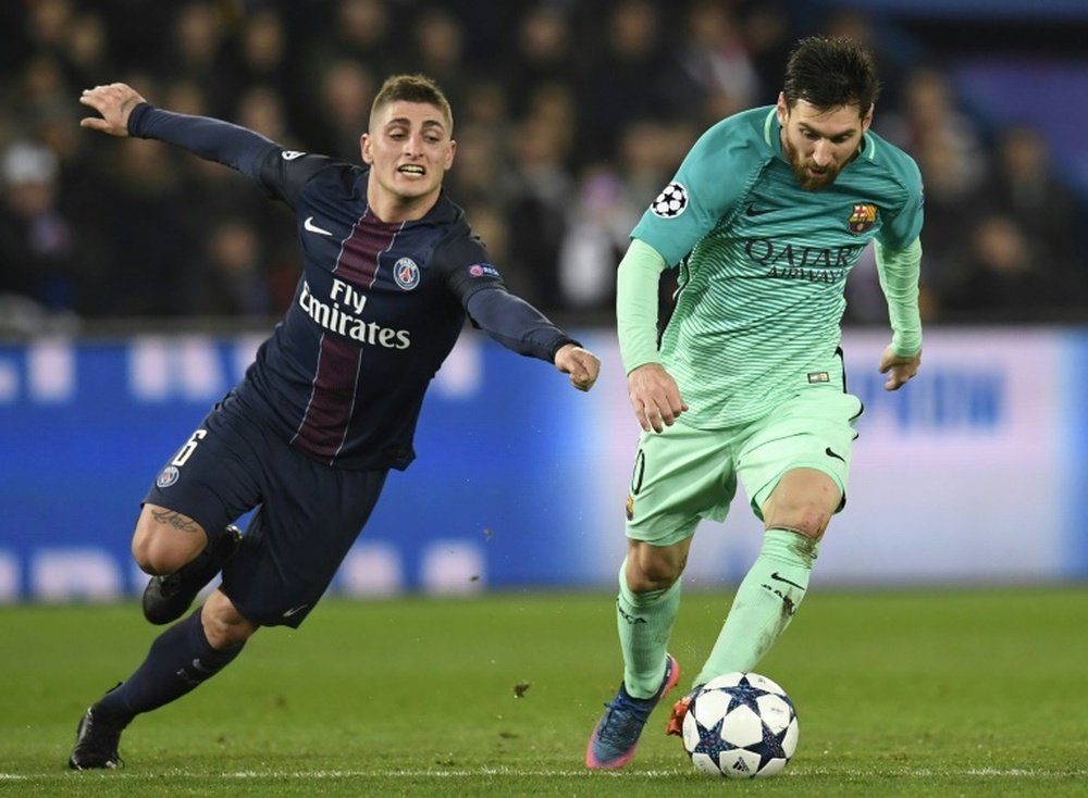 Marco Verratti face à Lionel Messi, le 14 février 2017, à Paris. AFP