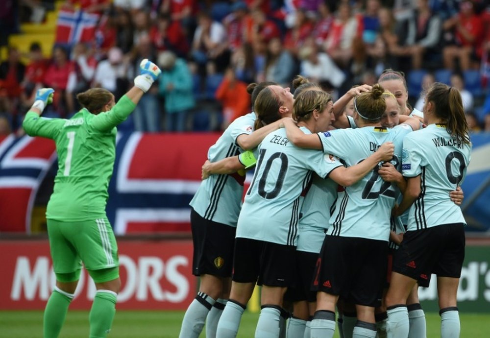 La joie des joueuses belges après leur deuxième but contre la Norvège. AFP
