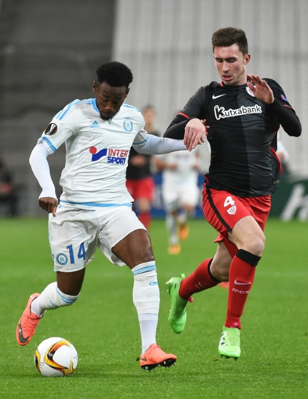 Nkoudou (L) in action for Marseille. AFP