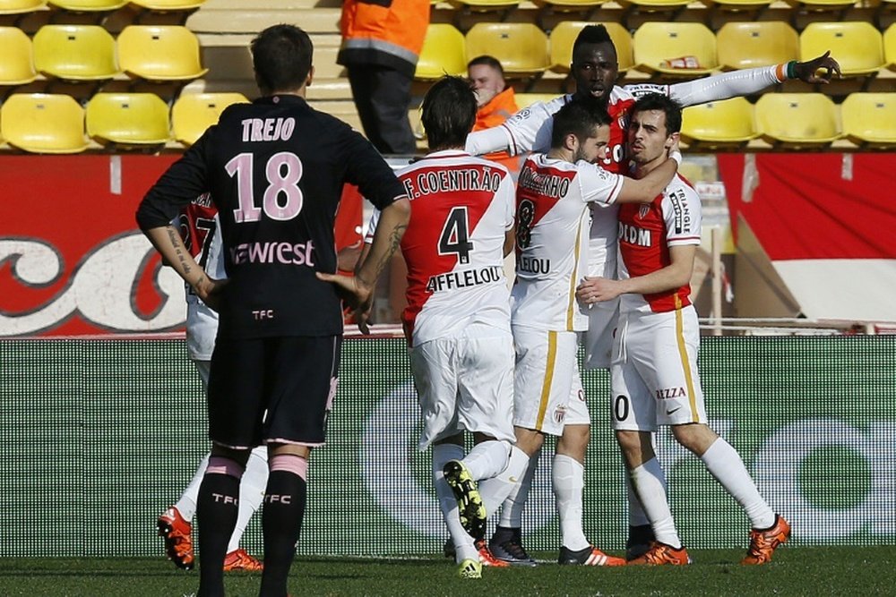 Le milieu Bernardo Silva (d) après avoir ouvert le score pour Monaco face à Toulouse. AFP