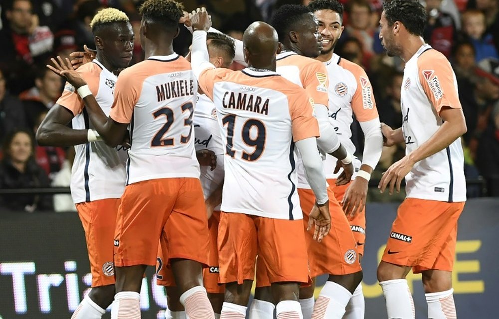 Les joueurs de Montpellier après un but contre Guingamp en Coupe de la Ligue. AFP
