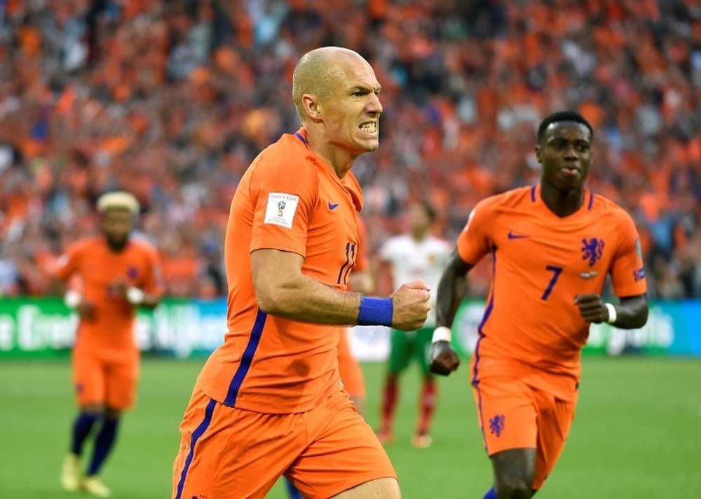 Arjen Robben buteur face à la Bulgarie en qualif pour le Mondial-2018, le 3 septembre 2017. AFP