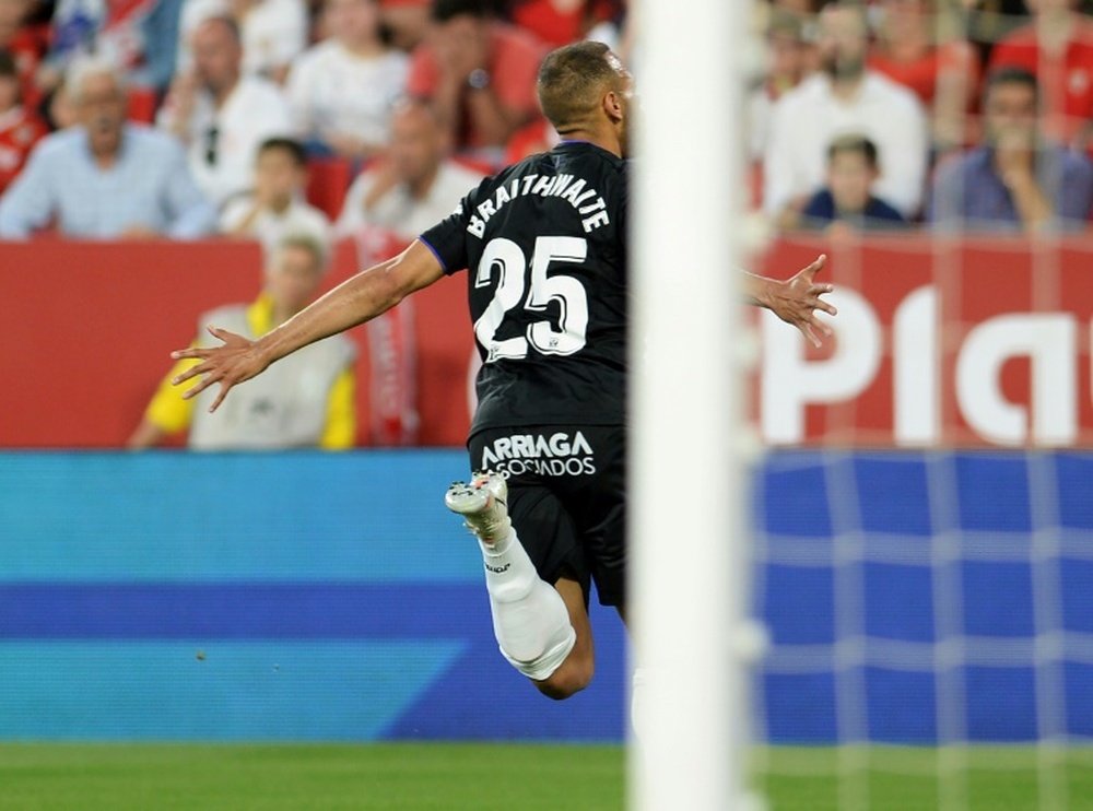 El gol de Braithwaite al Betis ha sido el único que ha puesto al Leganés en ventaja. AFP/Archivo